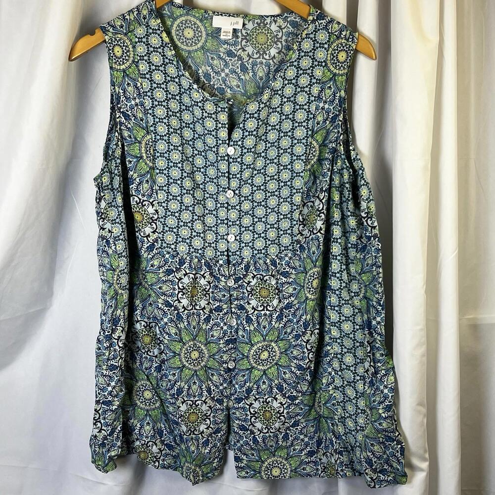 J. Jill Blue and Green Patterned Sleeveless Pintuck Tunic